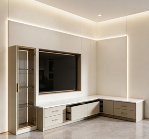 Meuble TV Minimaliste de Luxe avec Éclairage LED - Mobilier de Salon Élégant avec Accents Dorés et Rangement Intégré - Product Image 1