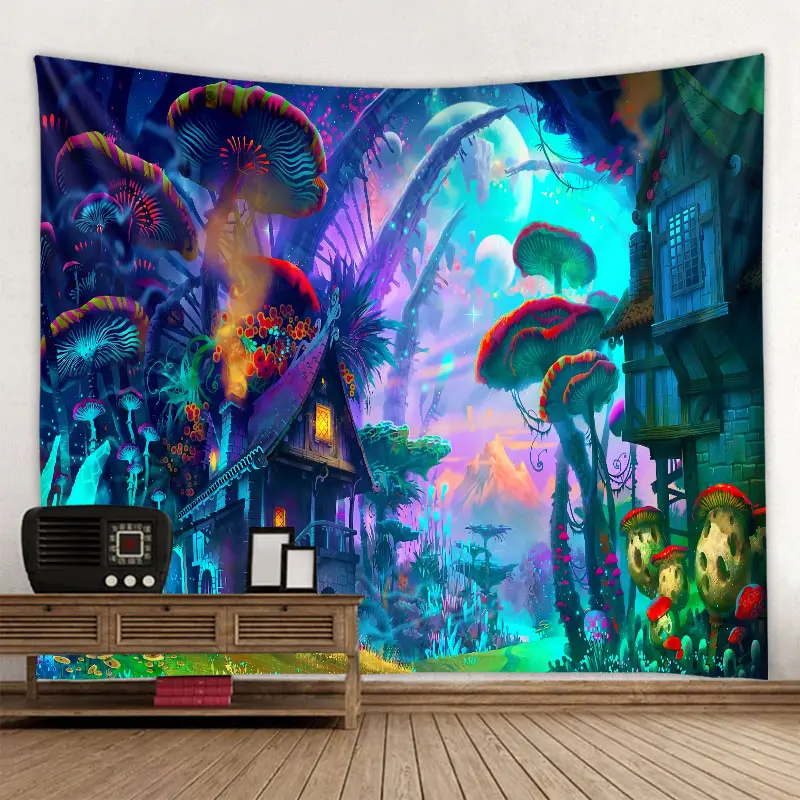 Fluorescent Wall Hanging Tapestry Psychedelic Mandala Background Witchcraft Mushroom Tapestry Home Decor