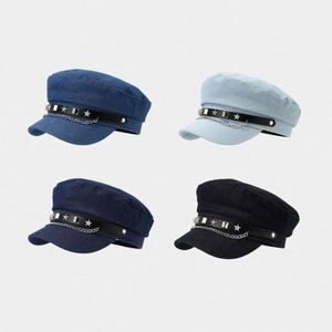 Gorra de Boina Plana de Mezclilla Estilo Vintage Japonés para Mujer con Cadena y Remaches, Gorra Casual de Capitán para Mujer y Niña para Exteriores - Product Image 2