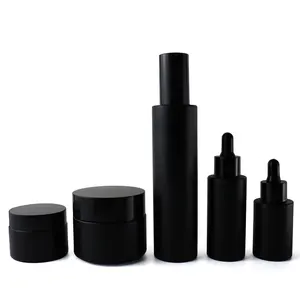 Cosmetic Sets Matte Black 1oz 30ml 50ml Serum Dropper 4oz Glass Lotion Pump Bottles With Cream Jars 20g 60g