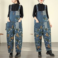 Nouvelles salopettes décontractées en jean bleu imprimé patchwork toutes saisons 2026 pour femmes, grande taille, coupe ample, entrejambe abattu, style sarouel