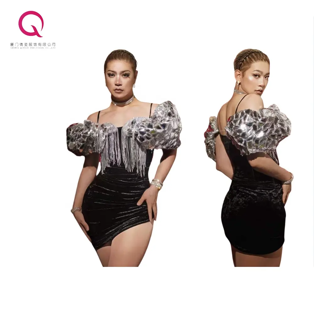 2023 Latest Models Fashion Mirror Tassel Patchwork Dresses Black Velour Ruched Spaghetti Strap Dress Mini Bodycon Women Dress
