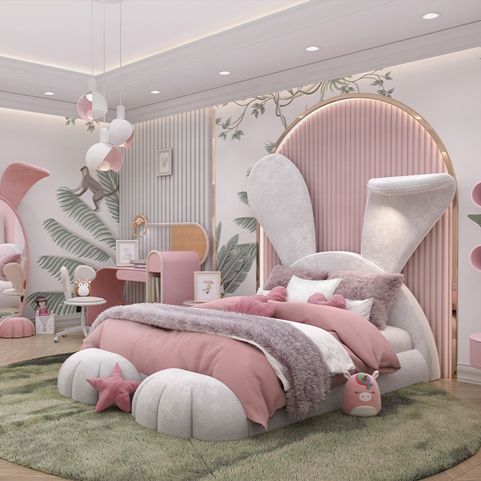 Nova cama infantil de luxo com desenho de coelho, cama infantil de madeira sólida com desenhos animados, design moderno para quarto de crianças