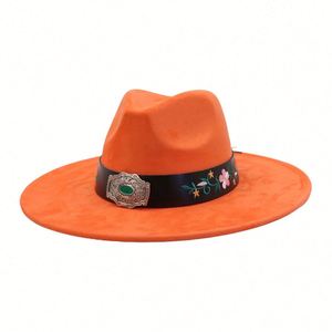 New Arrival National Style Suede Fedora Hat Flat Wide Brim with Embroidery <b>Patch</b> Design Casual Fashion Colorful Suede Jazz Hat - Product Image 3