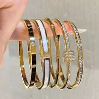 Gelang Baja Anti Karat Lapis Vakum CZ, Bertabur Berlian, Motif Pinggang, Semanggi, Paku, Pave, Tahan Air Anti Kusam, Perhiasan Wanita