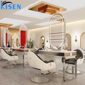 Espejo de pie de acero inoxidable KISEN para salón con estantes de almacenamiento y diseño contemporáneo, espejo personalizado para barbería. - Product Image 2