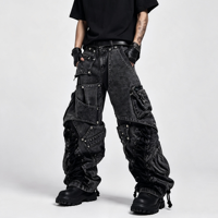 SOONREE Jeans Cyberpunk personnalisés pour hommes, pantalon en denim noir à lacets et cloutés, Techwear, fabrication directe d'usine, coupe large, streetwear