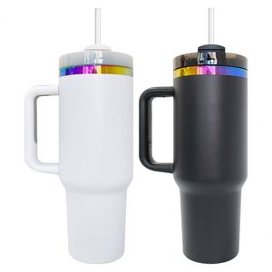 Gobelet isotherme 40 oz en acier inoxydable gravé au laser, noir et blanc, plaqué arc-en-ciel holographique, avec couvercle et paille - Product Image 2
