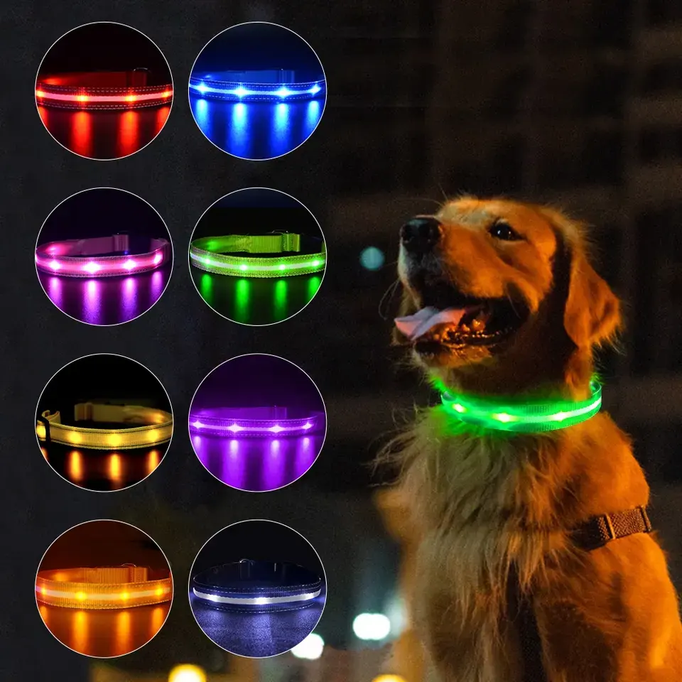 Fábrica al por mayor ajustable USB recargable perro intermitente Collar impermeable carga luz LED collar luminoso para perro