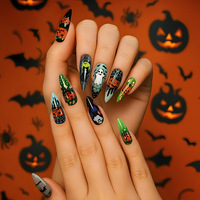 Faux ongles à presser Halloween : Motifs fantôme, citrouille, araignée, chauve-souris. Faible MOQ, vente en gros, emballage personnalisé, OEM, marque privée, fournitures pour salons.