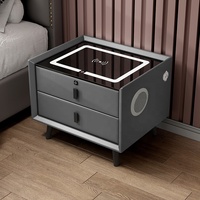 Mesa de Noche Moderna de Lujo con Diseño de Paneles de Madera y Estación de Carga, Mesita de Noche Inteligente para Dormitorio