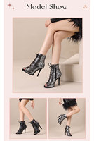 Bottines à talons hauts pour femmes, style peep toe, pour pole dance, à lacets, en cuir PU noir, talon aiguille, pour soirée en boîte de nuit