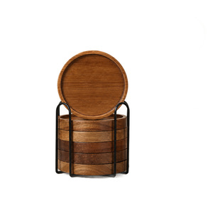 Solid Wood Round Coaster Set Heat Insulating Mat Kitchen <b>Table</b> Placemat Cup Mat <b>Retro</b> Style - Product Image 1