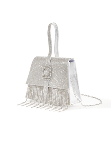 Sac de soirée de luxe Bell, inspiré des créateurs, carré, orné de diamants étincelants, en polyester, avec chaîne et pompon, sac à bandoulière pour mariée et mariage - Product Image 5