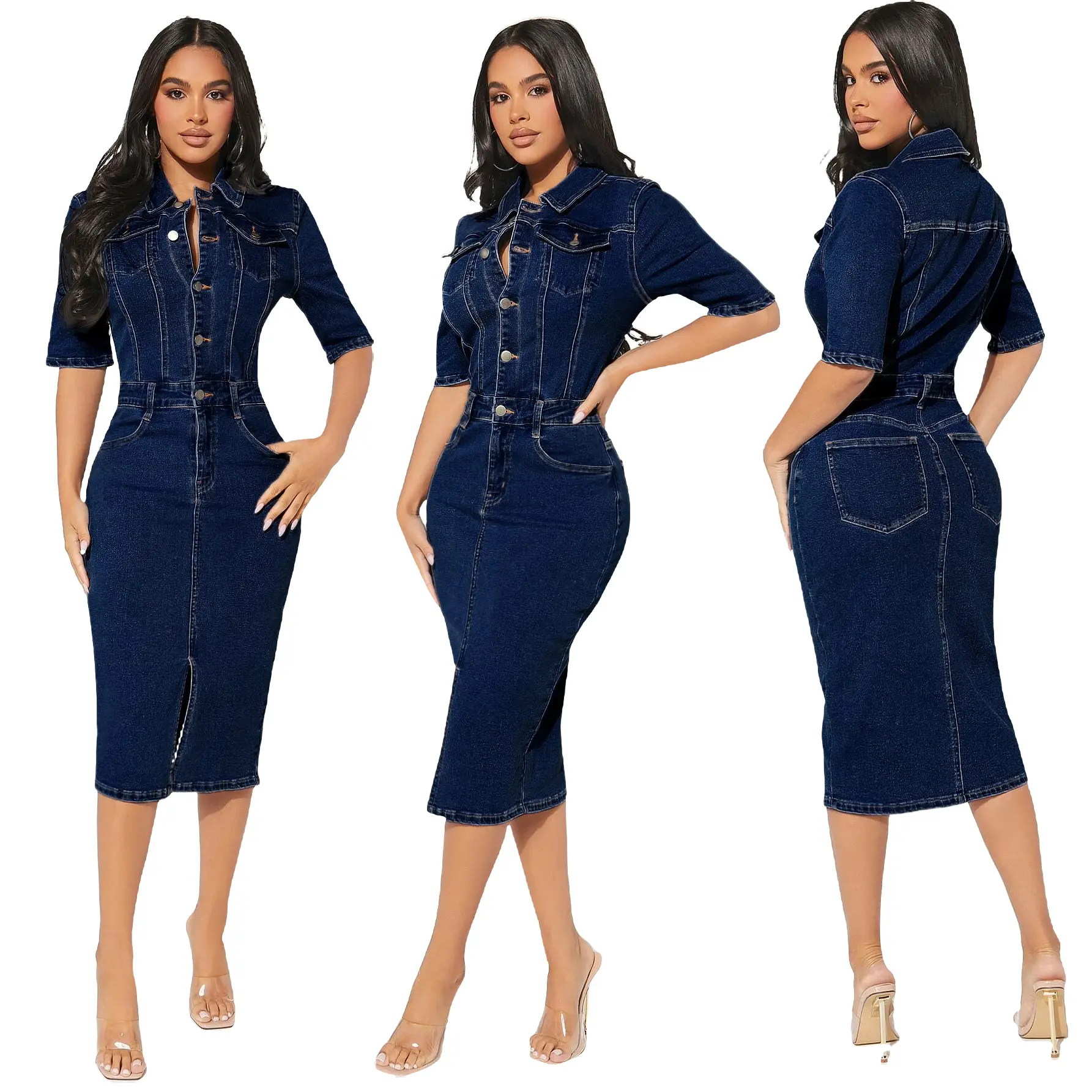 C VÊTEMENTS 2024 Été Femmes Mode Sexy Fête Denim Robe Haute Stretch Body Avec Poche