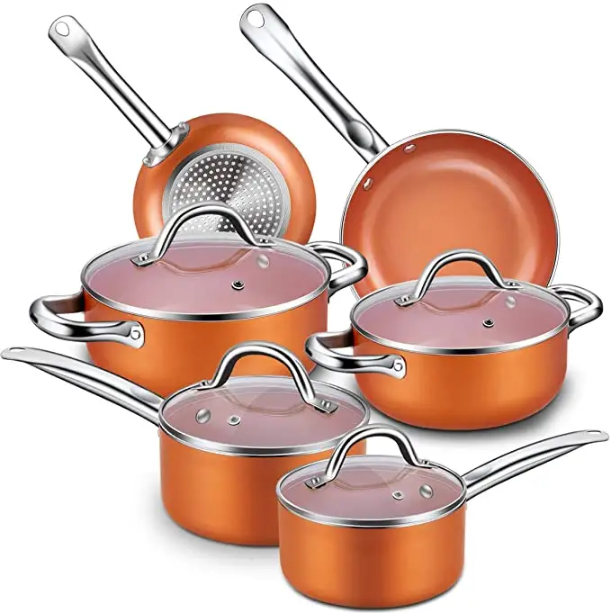 New Stretched Pot Popper Color Ceramic Non Stick Cookware Set Pot Customized 10 Pieces Copper non-stick Cookware Pans Pots Set