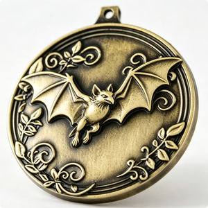 Médaille circulaire en laiton avec motif de chauve-souris, plaquée or, thème animal en relief, décoration d'Halloween - Product Image 2