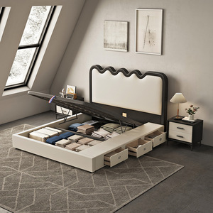 <span class=keywords><strong>Ten</strong></span> Tiger Modern 1.8 Lit Double Soft French Cream Leather Cadre en bois Internet Red Wind Ripple Up-Holstered Bed for Master - Product Image 3