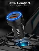 Chargeur de voiture rapide USB PD 60W à 2 ports IBD Metal avec anneau LED bleu, nouvelle tendance, 12V 24V, pour iPhone, Android, tablette