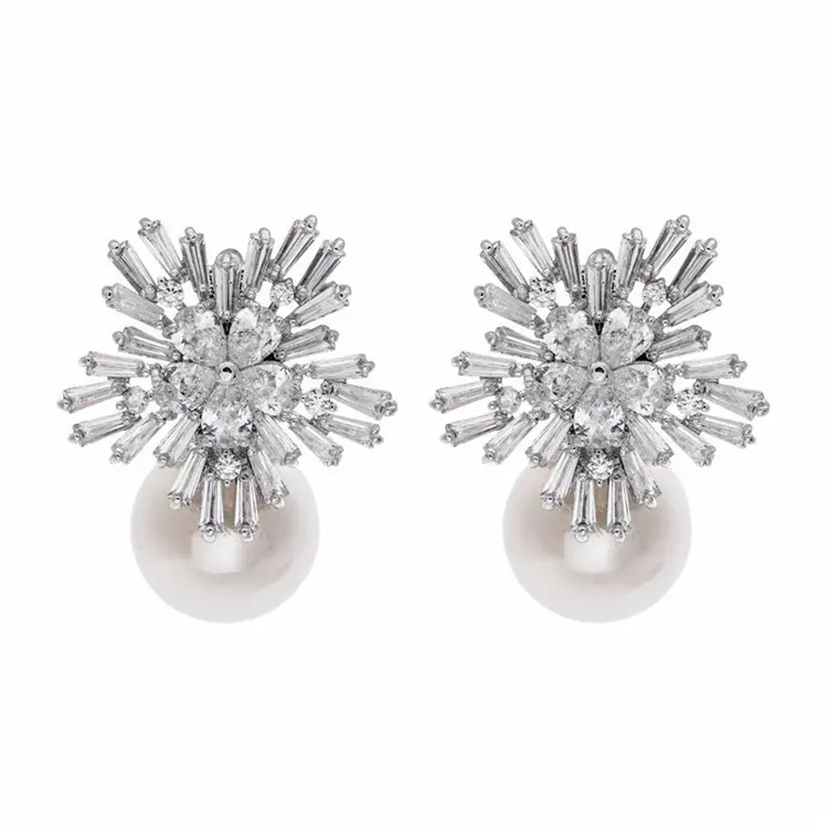 Wholesale Luxury 925 Silver Needle Earrings Snowflake Zircon Pearl Wedding Drop Stud Earrings