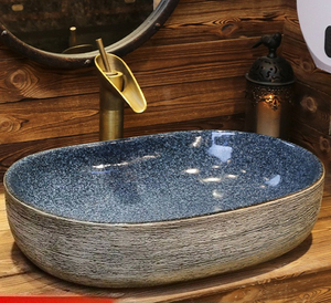Lavabo da <span class=keywords><strong>bagno</strong></span> ovale in marmo con incisioni a strisce, smaltato a forno, colore blu e argento, lavabo artistico da appoggio, all'ingrosso - Product Image 1