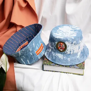 Sombreros de cubo rasgados desgastados con parche bordado, sombrero de cubo personalizado con logo de jean