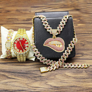 Ensemble de montres hip-hop pour hommes avec pendentif en forme de lèvre rose parure de bijoux Iced Out Watch coffret cadeau Cuban Link Chain reloj - Product Image 6