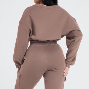 Custom <strong>Women</strong> V Neck Cropped Sweatshirt Cargo Sweatpants 2 Piece <strong>Set</strong> Ribbed Hem Cotton Blend Athletic Lounge Workout Track Suits - Product Image 2