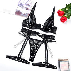 Women's Sexy Low-Cut Mesh Leather Splicing Steel Ring Underwear Set Lace Decoration New Release in Europe the United States - Product Image 6