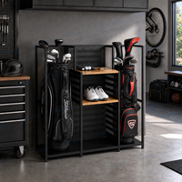 Support de présentation moderne à 1 niveau pour sacs de golf en acier au carbone de qualité professionnelle, avec plusieurs fentes, finition thermolaquée, pour la vente en gros