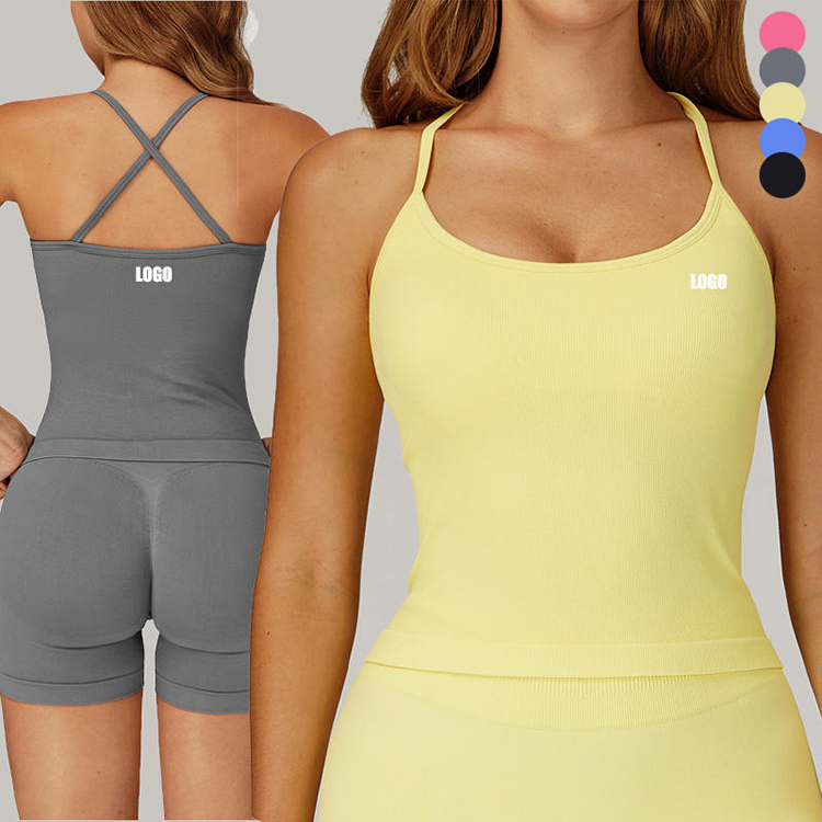 Basic Sleeveless Cropped Tank Top Elastic Thin Belt Crossover Straps Fixed Breast Pads Quick Dry Wear Pilates Jogger Fitness