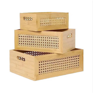 Bamboo Woven Storage Box Rectangular With Handle And Decorative Lattice Living Room Tidy Organizer 10-<b>20L</b> Capacity - Product Image 1
