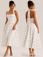 Vestido Midi con Cuello Halter y Escote Cuadrado, Estampado Floral Azul Pequeño sobre Base Blanca, Estilo Swing, Novedad 2026, Gran Venta, EE. UU. y Australia