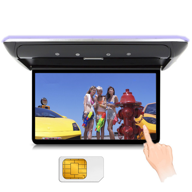 15.6" TFT IPS Touch Screen Full HD Android Auto Car Bus Flip Roof Mount Monitor with 4G Sim Card USB Stereo WIFI Audio