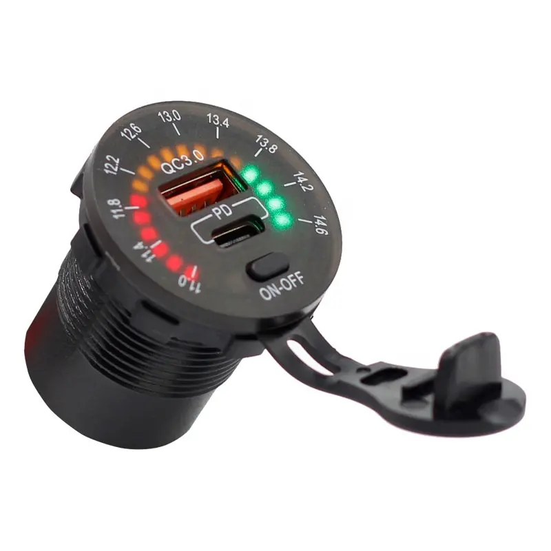 Pengisi daya mobil, 12v-24v tipe-c QC3.0 soket USB ganda dengan kontrol ON/OFF dan cincin kabel Voltmeter LED untuk sepeda motor laut