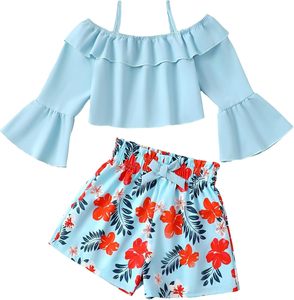 Abbigliamento Estivo alla Moda per Ragazze, Completi Carini per Bambini, Set con Top Corto a Maniche Lunghe e Pantaloncini con Stampa Floreale Boho per Occasioni Casual e Feste - Product Image 2