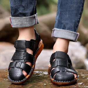 Summer Men's Closed Toe Cross Strap Sandals Genuine Leather Breathable Rubber Sole Casual Outdoor <b>Shoes</b> - Product Image 3