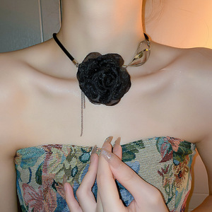 2024 nueva llegada tela <span class=keywords><strong>de</strong></span> malla negra 3D flor collar gargantilla dulce collar grande Boho negro Rosa flor collares al por mayor - Product Image 3