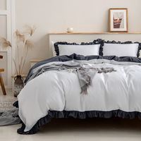 Parure de lit 3 pièces en tissu brossé couleur unie avec dentelle à volants et blocs de couleur, pour le commerce extérieur et la vente transfrontalière