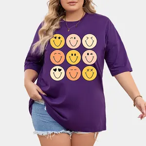 High quality cotton fabric for t shirt nine smiling faces logo print oversized heavyweight t-shirt casual women's t-shirts