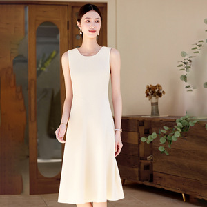 Sleeveless Vest Dress O-Neck Solid Color Apricot Pink Black Polyester Natural Waistline Simple Style Evening Dress - Product Image 1