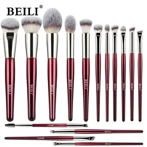 BEILI, venta al por mayor, 15 piezas, juegos de brochas de maquillaje Rojas, brocha correctora precisa personalizada sintética, brochas de maquillaje profesionales