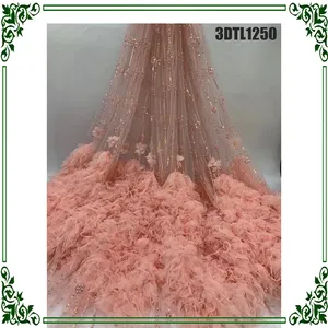 Newest fashion 3D feathers marmaid wedding dress lace farbic / embroidery beaded lace fabric