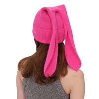 Bonnet rose vif avec oreilles de lapin, bonnets tendance en tricot élastique, bonnets chauds à revers pour femmes et filles