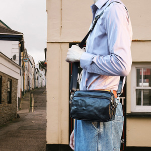 Sac à bandoulière en cuir véritable pour hommes, couleur unie noire, à la mode, résistant à l'usure, usage quotidien, automne 2023 - Product Image 4
