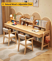 Bureau d'étude double en bois massif avec étagère, réglable en hauteur, pour deux enfants