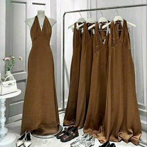 Vestido Maxi Marrón Tejido Liso con Cintura Natural, Espalda Abierta y Lazo, Elegante Vestido de Fiesta, Mezcla de Poliéster, Servicio OEM - Product Image 1
