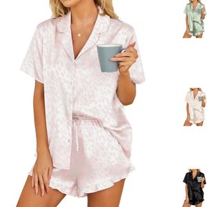 Ensemble de pyjama décontracté d'été pour femme en satin respirant avec taille élastique, manches courtes et short, idéal pour la maison et l'extérieur - Product Image 1