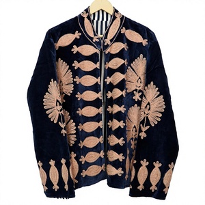 Veste élégante vintage pour femme en velours, col rond, manches longues, broderie florale, cousue à la main, respirante, 100% coton, hiver - Product Image 1