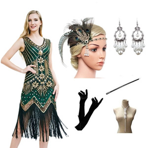 Robe de soirée rétro style Gatsby des années 1920, à sequins, col en V, coupe fourreau, avec franges, grandes tailles S-4XL, style vintage, tenue de banquet - Product Image 1